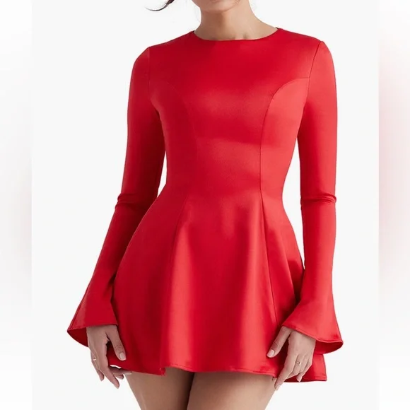 House of CB Satin Red Long Sleeve Dress - Picture 2 of 5